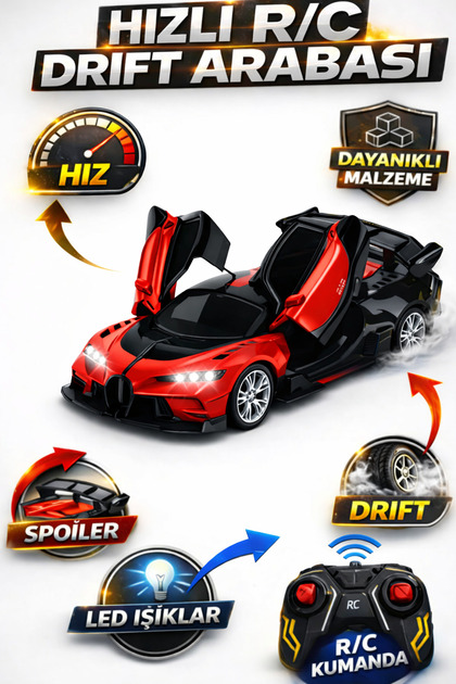 Uzaktan Kumandalı R/C Led Işıklı Drift Özellikli Sport Tasarımlı Bugatti Yarış Arabası