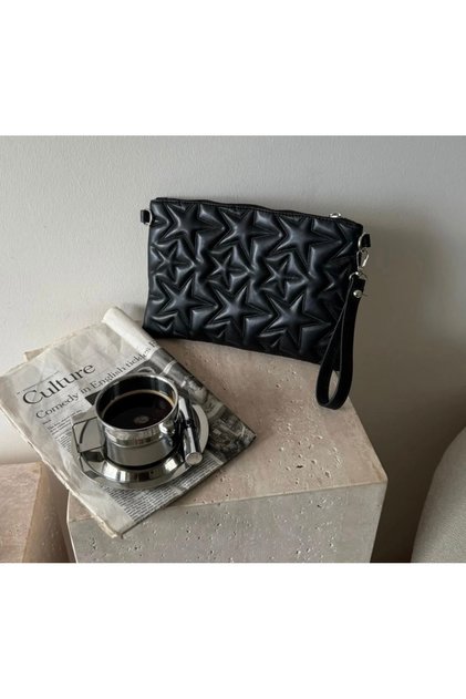 Chain Detailed Starry Women's Portfolio Hand and Shoulder Bag Black Leather