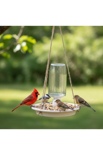 Hanging Bird Feeder with Light Brown Base, Cylindrical Glass Design, Hanging Rope