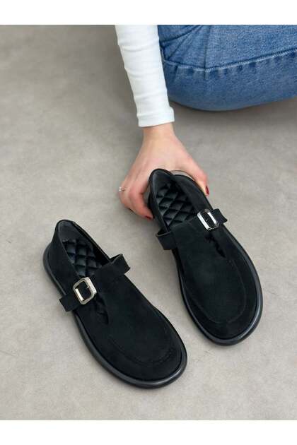 Siyah Süet (Olivia) Toka Detaylı Kadın Loafer