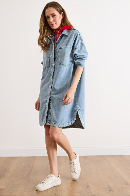 ELCHELE エルチェレ　SEPARATE DENIM TUNIC Olalook Kadın Açık Mavi Cepli Oversize Yıkanmış Denim Tunik Elbise