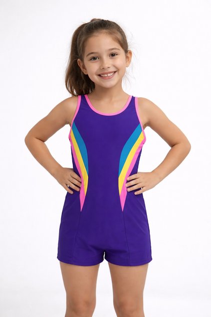 Girl's Colorful Striped Detailed Shorts Swimsuit-5857