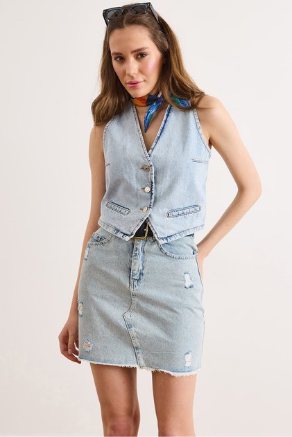 Women's Light Blue Pocketed Laser Ripped Mini Denim Skirt Etk-19000413