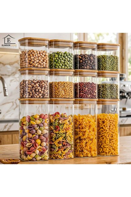 Set de 12 Elindor ® Borcane de sticlă cu capac etanș din bambus, 9200 ml, 8 × 10 - 8 x 20 cm, Transparente