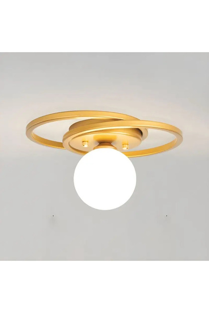 Candelabru modern cu cercuri și glob de sticlă albă, corp auriu, soclu E27, diametru corp 28 cm.