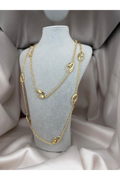 Long Gold Chain Necklace – Layered Modern & Trendy Women's Necklace with Oval Shape Detail