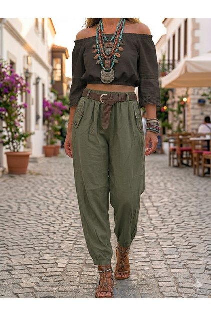 Women's Italian Khaki Elastic Waist Belted Pocketed 100% Tencel Fabric Pencil Leg Shalwar Trousers