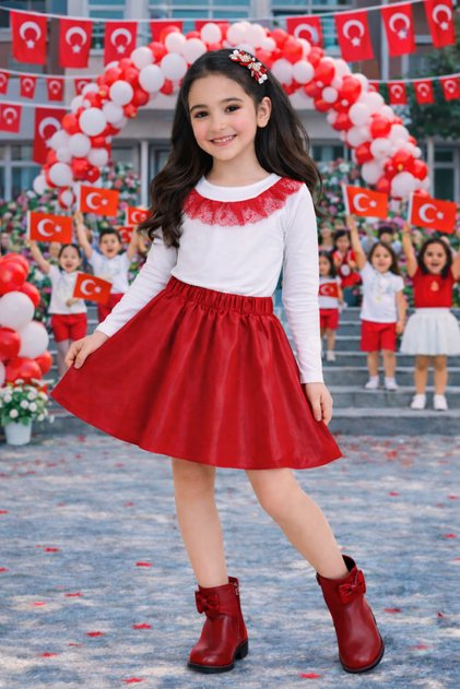 Girls' White Long Sleeve Bodysuit with Red Ruffle Detail – School Event and Holiday T-Shirt 3-14 Years
