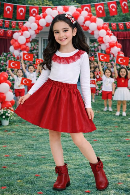 Girls' White Long Sleeve Bodysuit Red Skirt Set - School Event and Holiday Outfit 3-14 Years