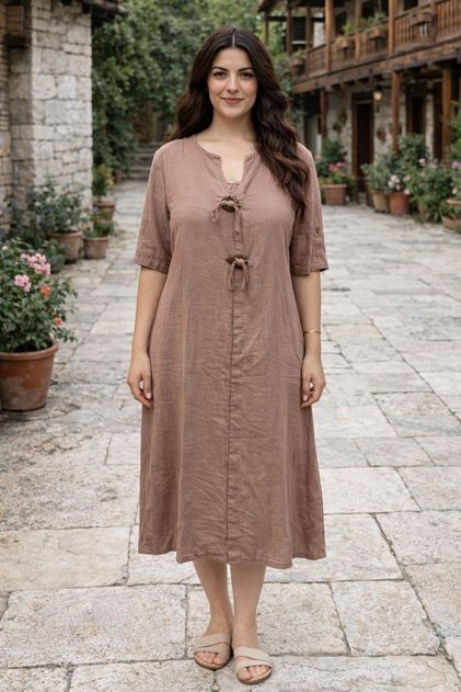 Women's Cotton Double Pocket Wooden Button Detailed Short Sleeve Dress