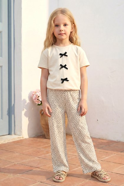 Girl's Top and Bottom Set Summer Bow Detailed Polka Dot Cream
