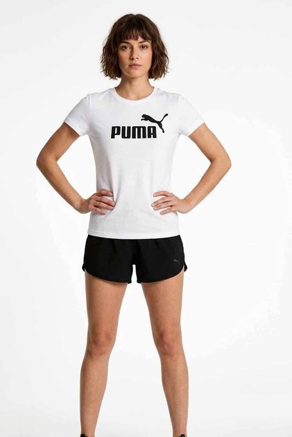 Kadın Beyaz Pamuklu Tişört - Siyah Logo Baskılı Sportif T-Shirt