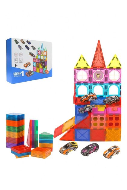 Magnetic Tiles for Kids, 68Pcs With 6 Cars STEM Approved Educational Building Blocks Set