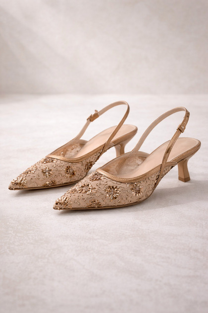 ROSABELLA Kadın Bakır Pul Boncuk İşlemeli Tül Detaylı İnce Topuklu Slingback Abiye Ayakkabı