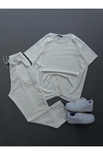 Unisex Sweatpants with Stitching Detail - Laser Cut Short Sleeve T-Shirt Set of 2