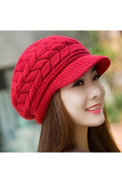 Women's Knitted Hat Winter Soft Knitwear Beanie Visor Newsboy Hat Red