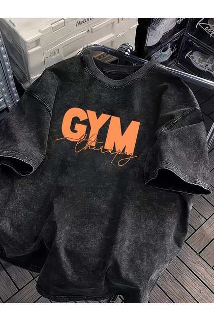 Erkek Gym Yazılı Siyah T-Shirt %100 Pamuk Minimal Spor Streetwear Oversize