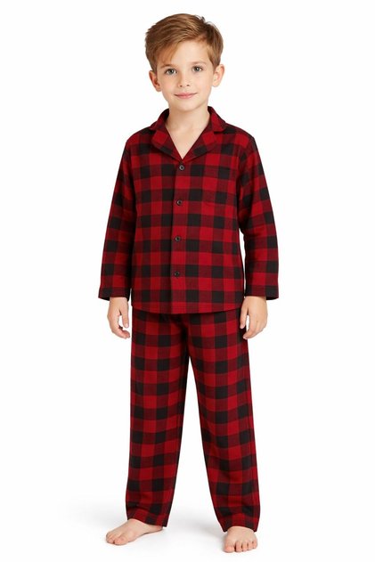 Boy's Summer Milan Fabric Red Plaid Shirt Collar Pajama Set