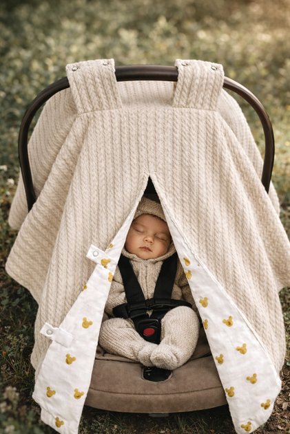 100% Cotton Brown Knitted Gold Mickey Patterned Reversible Stroller Cover