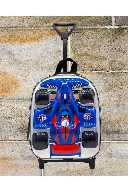 Children's Travel Suitcase Kindergarten Nursery Bag with Squeegee and Wheels Formula Racing Car Printed School Bag