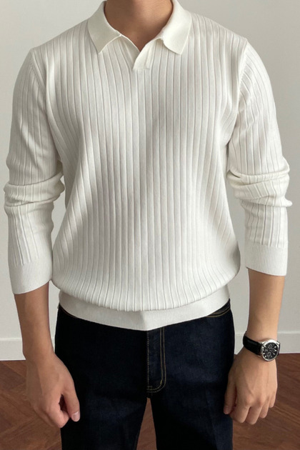 Men's Polo Neck Knit Sweater Slim Fit Ribbed
