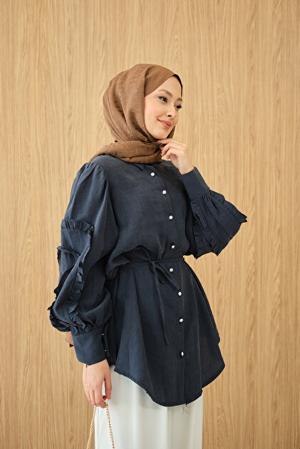 Women's Ruffled Sleeves Waist Tie Shirt Navy Blue