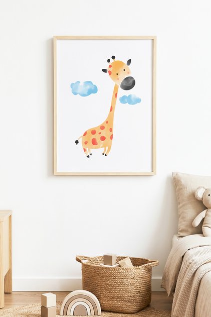 Cute Giraffe Painting for Kids with Natural Wooden Frame - Pastel | Huhu1570 - Single Table Natural Wood Frame