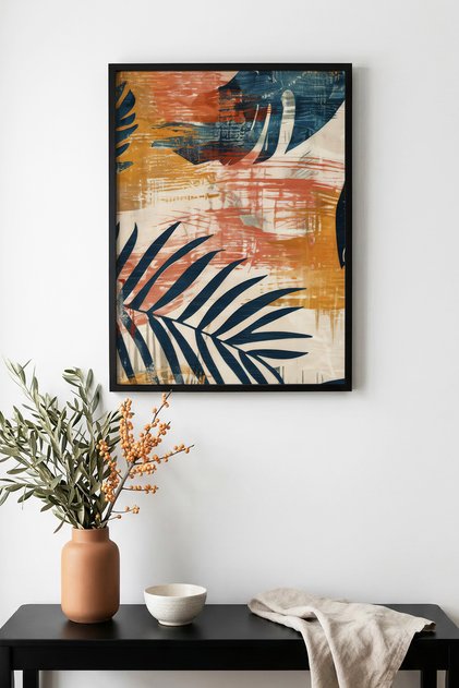 Black Wood Framed Abstract Leaf Pattern Painting - Vibrant Tones | Huhu1288 - Single Table Black Frame