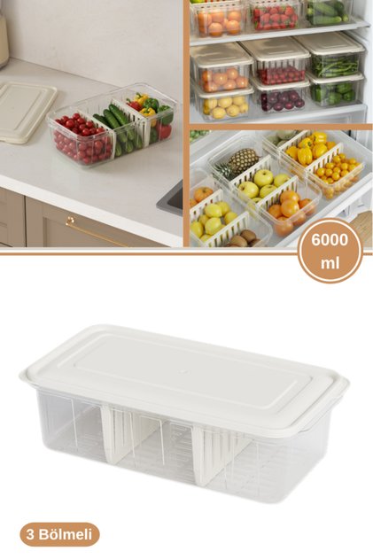 3 Bölmeli Kapaklı Organizer 6 litre, Büyük Boy Sebze Meyve Düzenleyici Buzdolabı Saklama Kabı