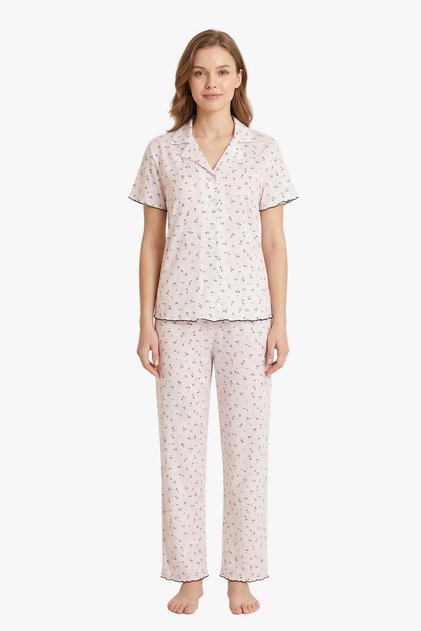 White Floral Patterned Pointel Shirt Collar Women's Pajama Set