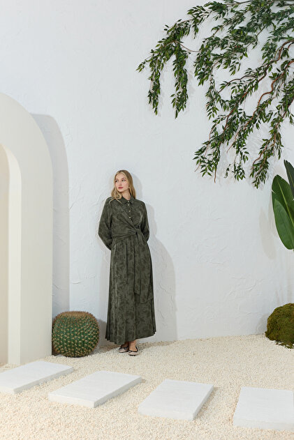 Khaki Jacquard Dress with Tie Detail