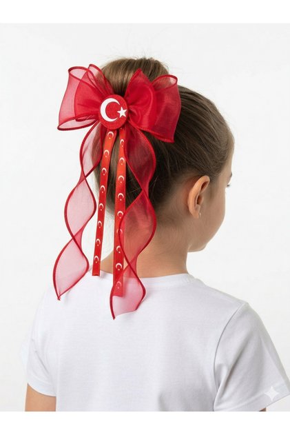 23 April-19 May Atatürk Signed Red Satin Bowknot Hairpin - Girl's Hairpin with Turkish Flag