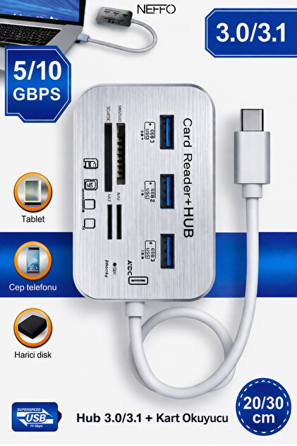 NEFFO Usb Çoğaltıcı Çoklu Hafıza kart Okuyucu 3.0/3.1 Usb 3Port