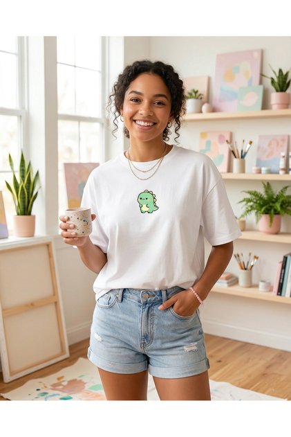 White Oversize Unisex Green Dinosaur Printed Cotton T-Shirt
