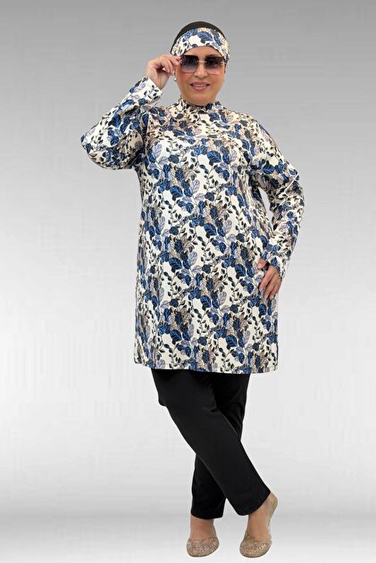 1727 Plus Size Uzunkol Hijab Swimsuit Set - Leaf Pattern Blue-Black