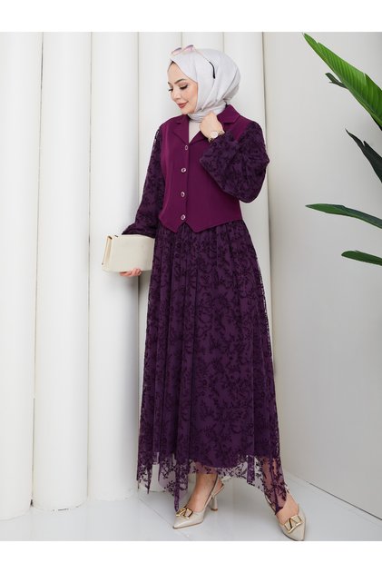 Women's Velvet Flock Patterned Tulle Skirt Set with Lining and Lace