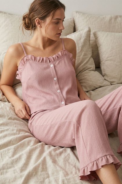 Ruffle Detailed Rope Strap Pajama Set 4581