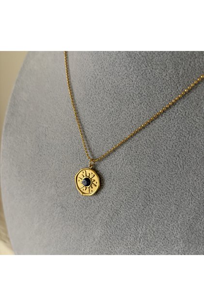 Gold Colored Blue Stone Detailed Steel Necklace