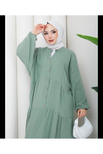 Long Sleeve Muslin Fabric Buttoned Dress