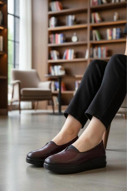 Women's Genuine Leather Casual Shoes Orthopedic Comfortable Claret Red 0157