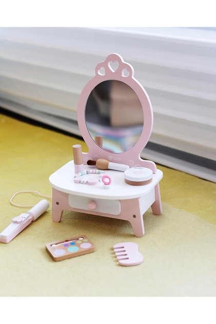 Montessori 11-Piece Pink Wooden Makeup Table and Accessories Set