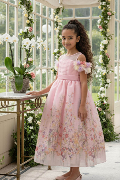 Pamina Floral Detailed Long Graduation and Special Occasion Girls Evening Dress 3-4-5-6-7 Years Old 36071Pr