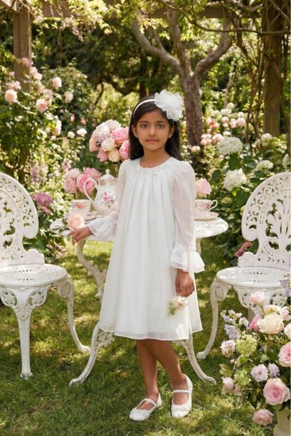 Pearl Detailed Chiffon Flared Dress & Floral Hair Accessory 3-4-5-6-7 Years 36411Pr