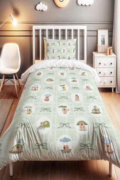 Capybara Patterned Single Baby Kids Bedding Set with Bow