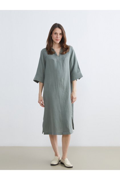 Collared Neck Embroidered A-Line Muslin Dress