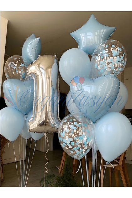Silver Number 1 Year Old Balloon Set Blue Heart Star Confetti Birthday & Special Day Decoration Balloon Bouquet