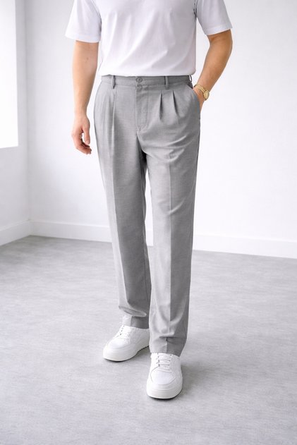Men's Gray Loose Fit Pleated Fabric Trousers