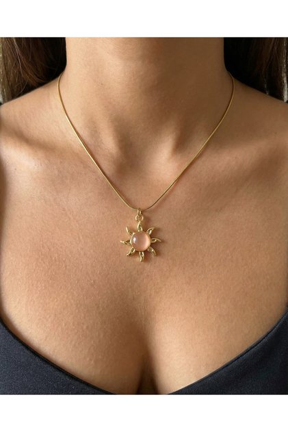 PİNKY GÜNEŞ MOTİFLİ PEMBE TAŞLI ÇELİK GOLD RENK KOLYE (KUTULU GÖNDERİM)