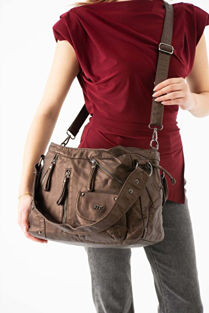 571 Collections Çanta Yıkanmış Deri Çok Bölmeli Omuz Çantası Bronz