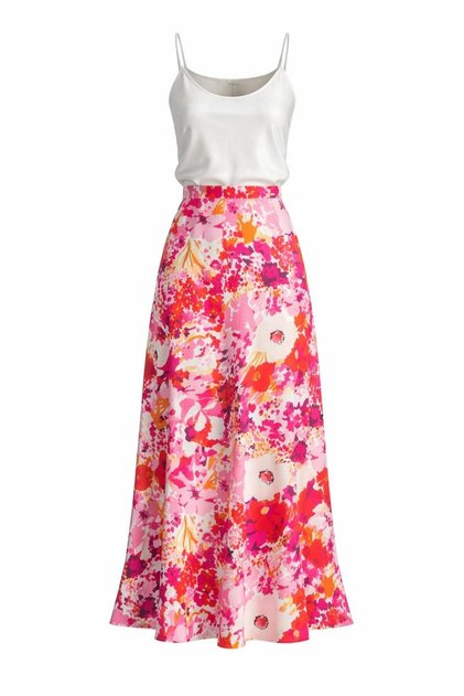 Women's Red Floral Patterned High Waist Wrinkle-Free Long Skirt